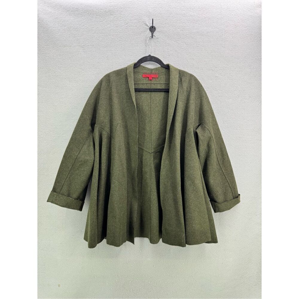 Shamask Olive Green Boiled Wool Reverse Hem Open Cardigan Sweater Size M